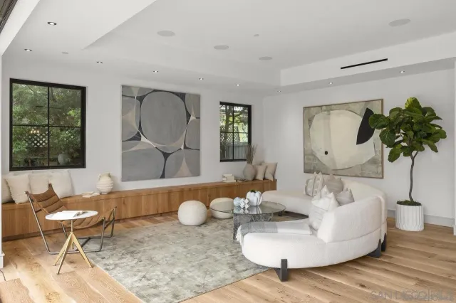a living room with furniture and a potted plant