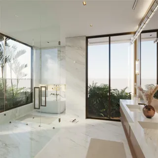 a dining room with furniture and a floor to ceiling window