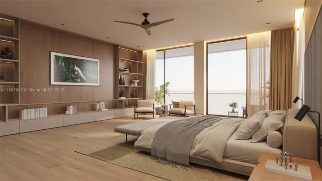 a spacious bedroom with a large bed and a couch