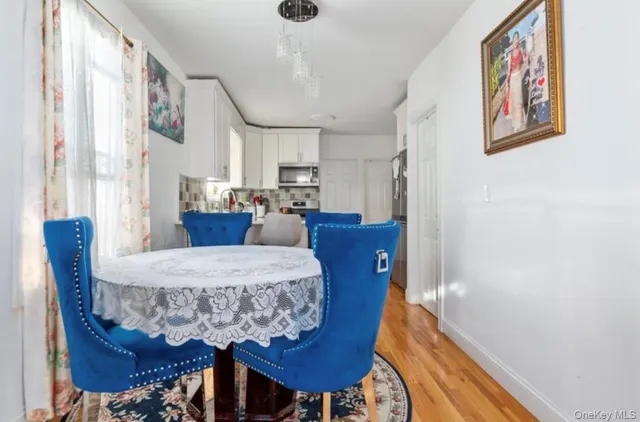 a view of a dining room with furniture