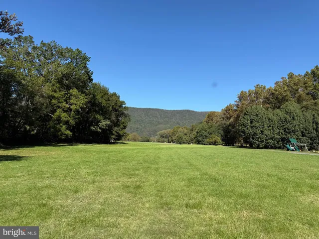 a view of grassy field with mountain in the background