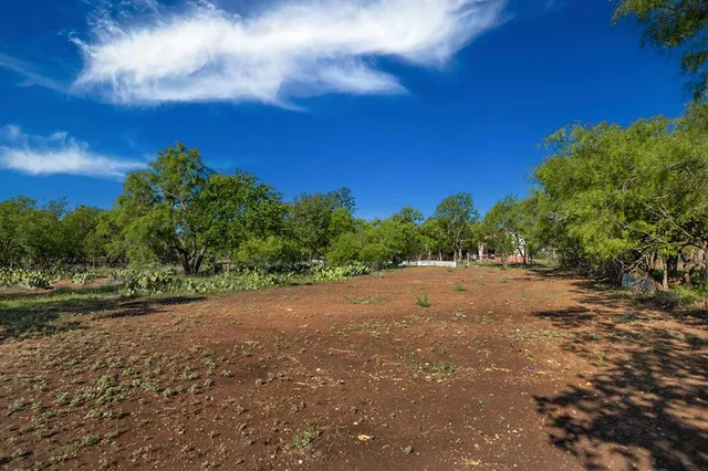 a view of a field with trees in background