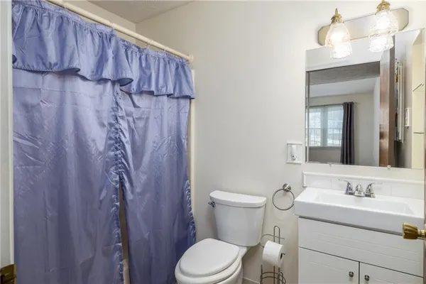 a bathroom with a toilet sink vanity and mirror