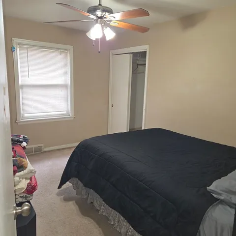 a bedroom with a bed and a chandelier fan
