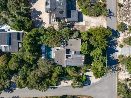 an aerial view of a house with plants and large trees
