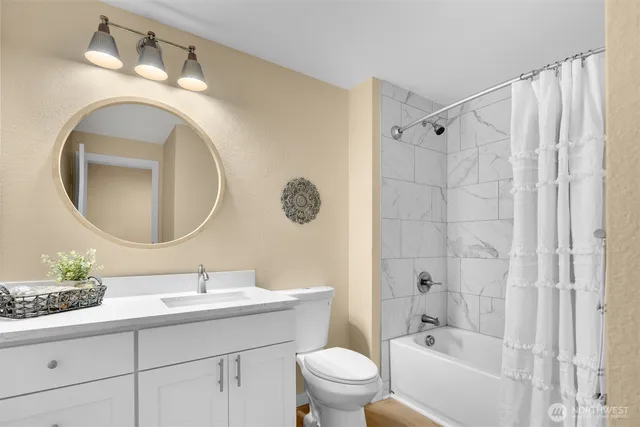 a bathroom with a toilet a sink a mirror a bathtub and vanity