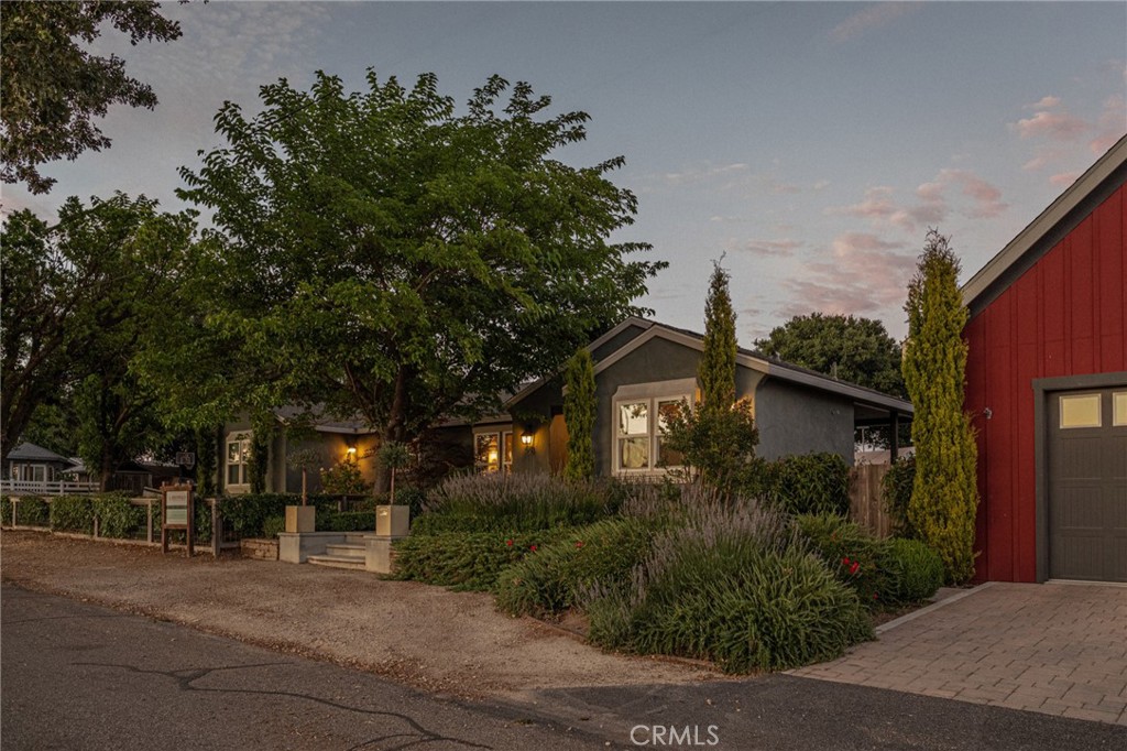 a front view of a house with a yard and potted plants