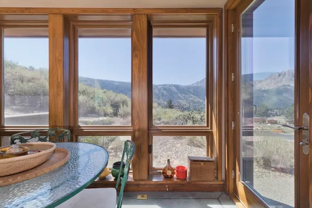 a dining room with a window