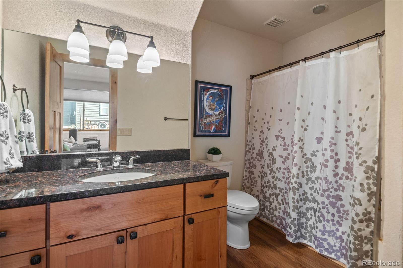 7102 Lynx Lair Road Evergreen, CO 80439 - Photo 29 of 42 a bathroom with a granite countertop sink a toilet and a mirror