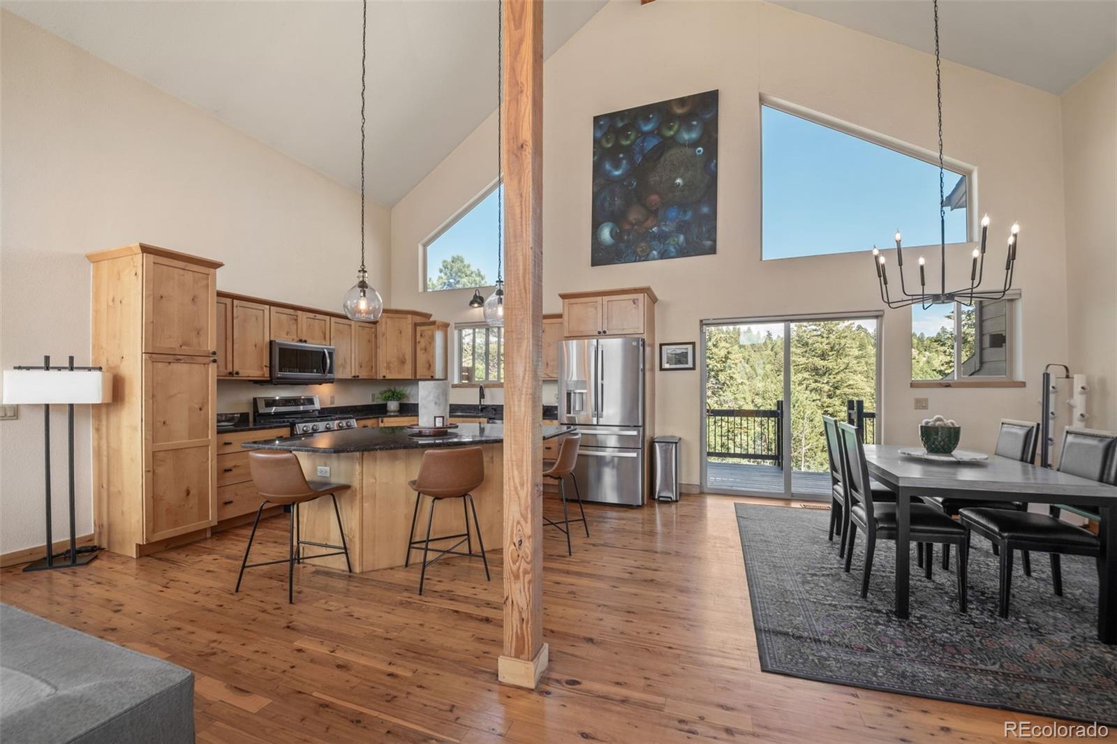 7102 Lynx Lair Road Evergreen, CO 80439 - Photo 7 of 42 a living room with stainless steel appliances kitchen island granite countertop furniture and a wooden floor