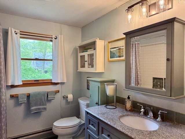 113 Leonard Circle Tisbury, MA 02568 - Photo 10 of 25 a bathroom with a granite countertop toilet a sink and a mirror