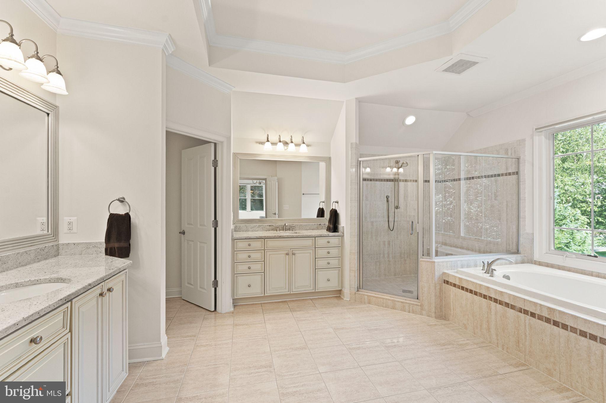 9603 Thistle Ridge Lane Vienna, VA 22182 - Photo 35 of 73 a large bathroom with a granite countertop tub sink shower and mirror