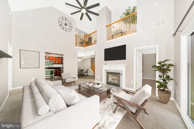 a living room with furniture a fireplace and a potted plant