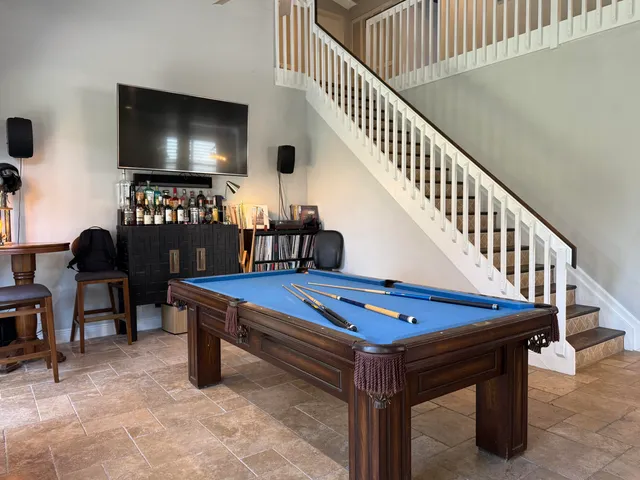 a stair with table and chairs