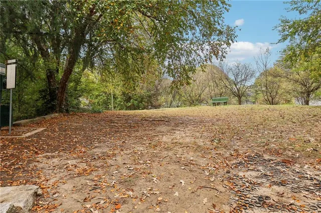 a view of backyard with large trees