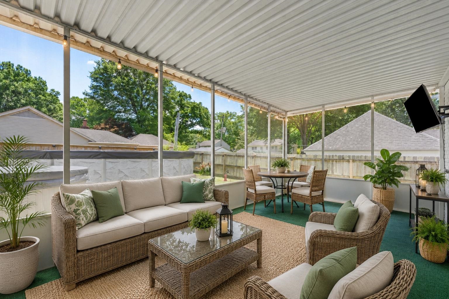 2218 Riverdale Road Germantown, TN 38138 - Photo 2 of 40 Virtually staged to showcase the incredible potential of this expansive screened patio. With room for outdoor seating, dining, and relaxing views of the backyard, this space is ideal for morning coffee, game-day gatherings, or peaceful evenings outdoors.