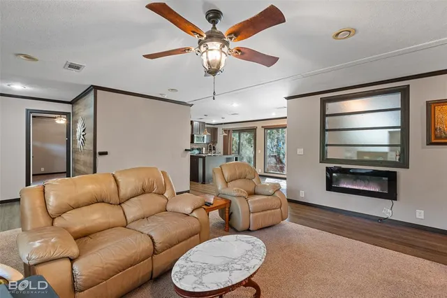 a living room with furniture ceiling fan and a rug
