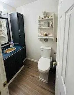 a bathroom with a toilet and a mirror