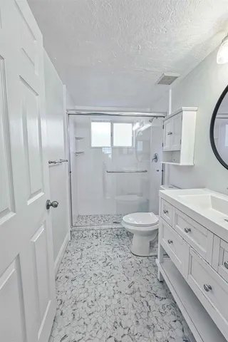 a bathroom with a granite countertop toilet a sink and a shower