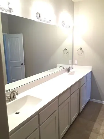 a bathroom with a sink and a mirror