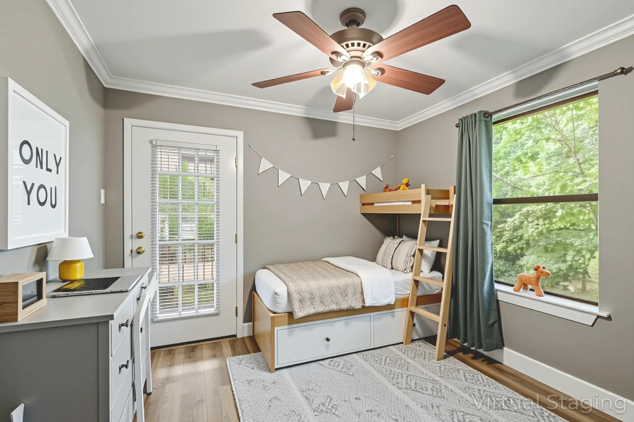 35 Susan Drive Cleveland, TX 77327 - Photo 27 of 33 This digitally staged room offers a cozy and inviting space with a chic neutral color palette, featuring a stylish bunk bed, ample natural light, and a charming workspace, perfect for a child's retreat.
