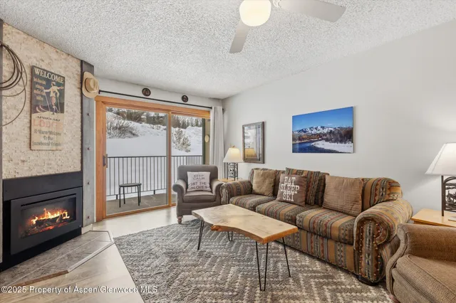 a living room with furniture a flat screen tv and a fireplace