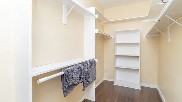 a room with walk in closet and wooden floor