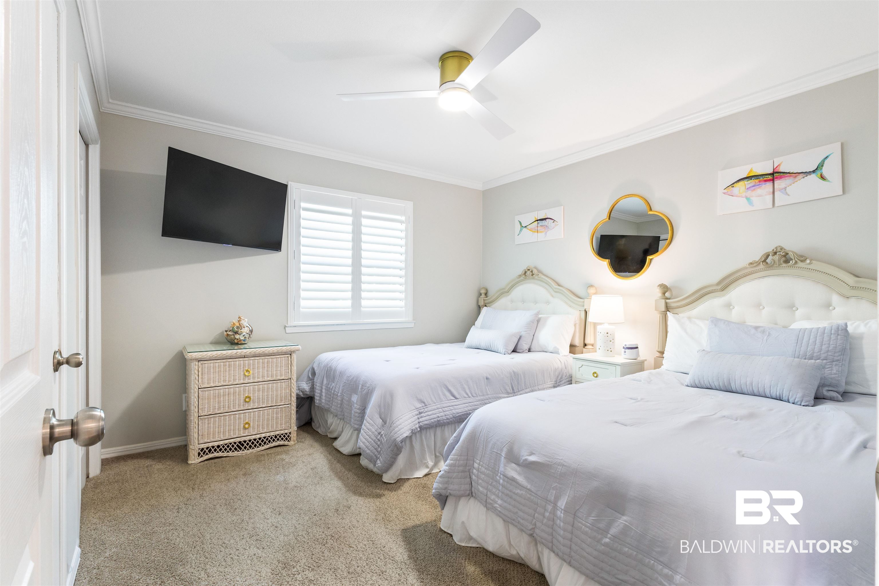 25861 Canal Road, Unit 3 Orange Beach, AL 36561 - Photo 20 of 40 Bedroom with carpet, crown molding, and a ceiling fan