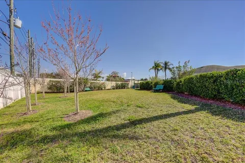 a garden with trees in front of it