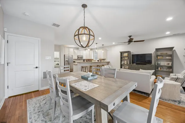 a view of a dining room with furniture