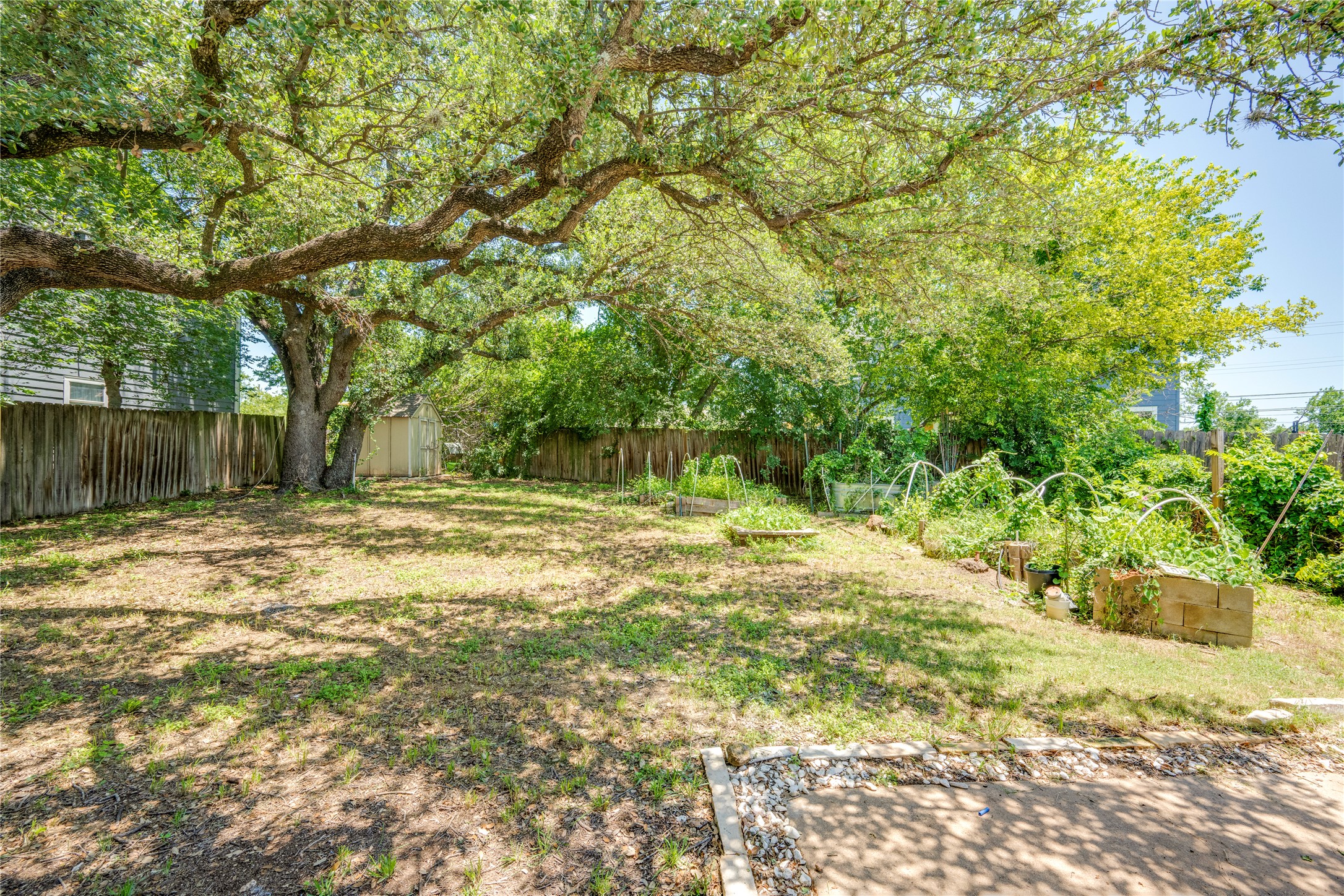 1707 Overhill Drive Austin, TX 78721 - Photo 32 of 36 Mature trees shade a spacious yard with raised garden beds and a storage shed.
