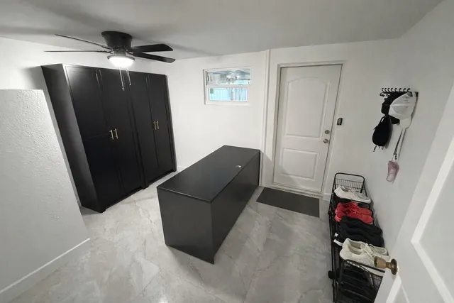 a living room with closet