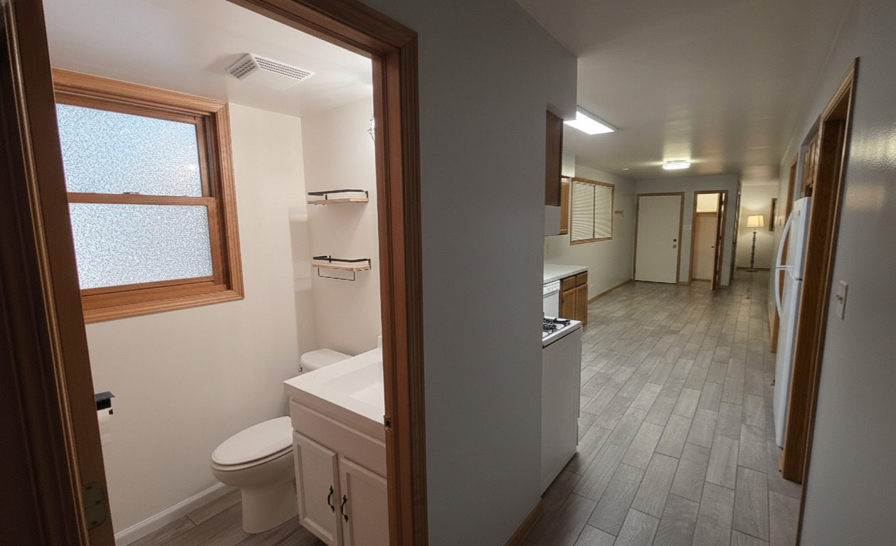 445 West 37th Street, Unit GARDEN Chicago, IL 60609 - Photo 7 of 9 a bathroom with a granite countertop toilet and a shower
