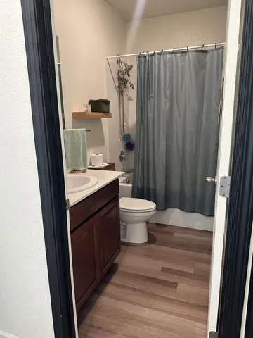 a bathroom with a sink a toilet a mirror and shower curtain