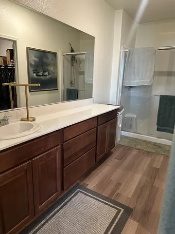 a bathroom with a sink double vanity granite and a shower