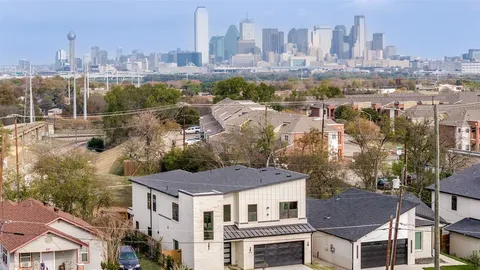 a view of a city in front of a building