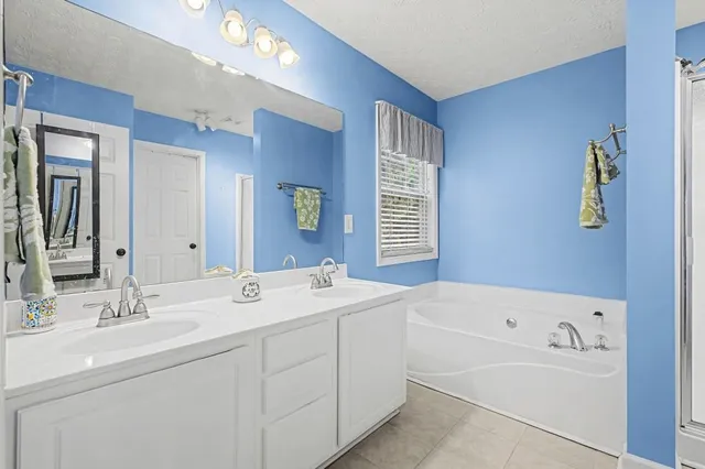 a bathroom with a tub a sink and mirror