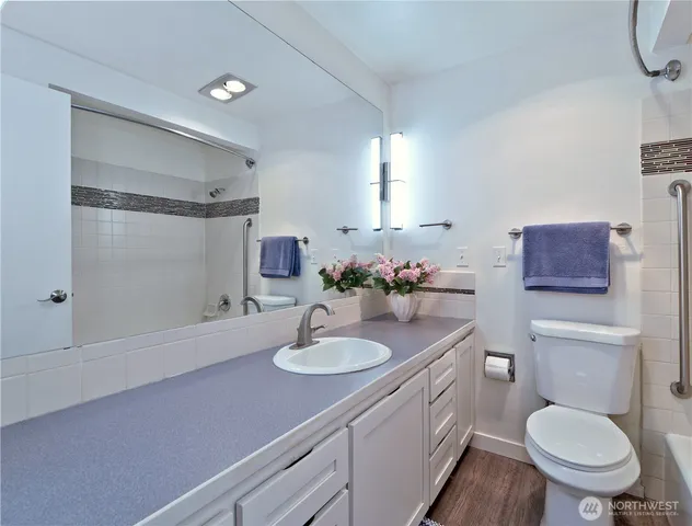 a bathroom with a sink toilet vanity and shower