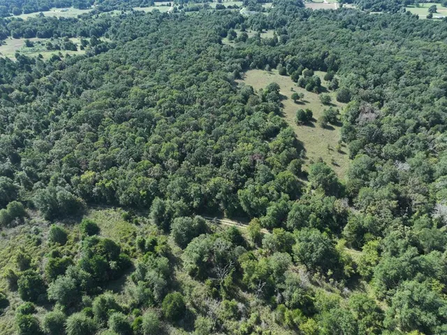 an aerial view of residential house with outdoor space and trees all around