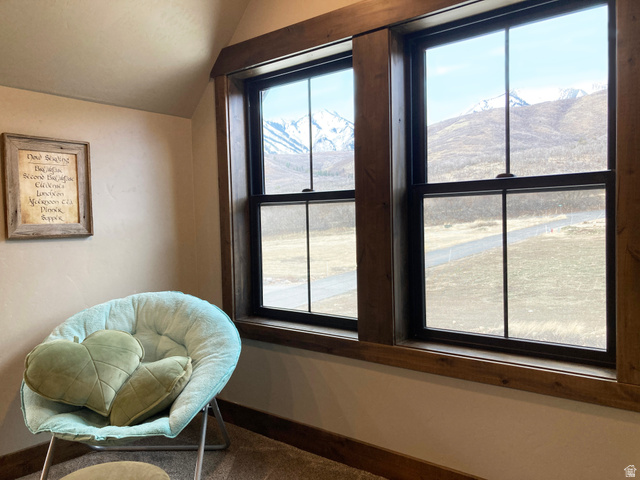 259 Meadow Drive Springville, UT 84663 - Photo 39 of 62 Living area featuring lofted ceiling and dark colored carpet