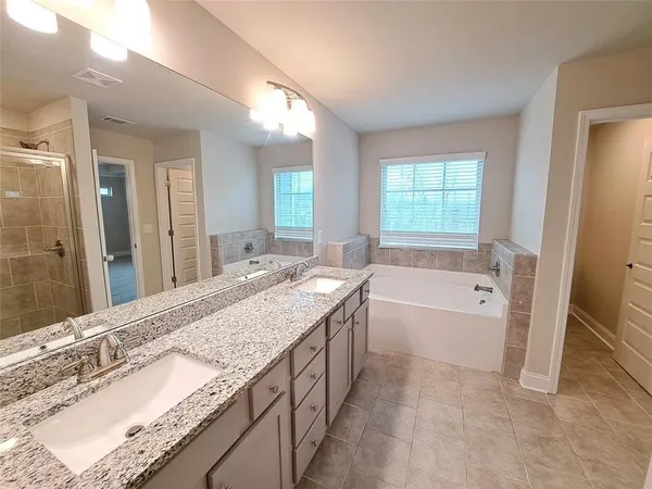 a bathroom with a granite countertop bathtub a sink and a large mirror