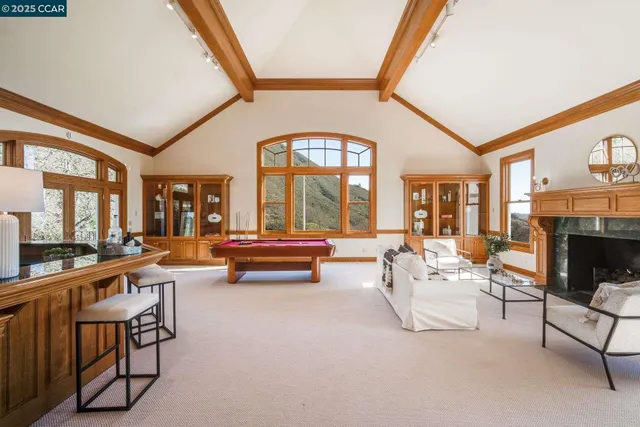 a dining room with furniture a fireplace and wooden floor