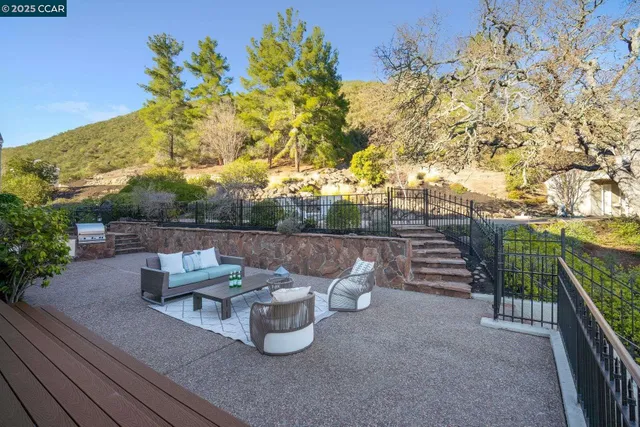a view of a house with a yard and potted plants