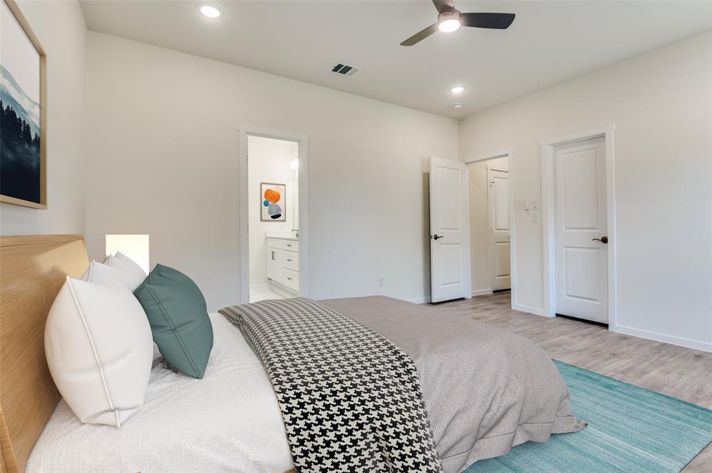 608 Southwest 3rd Street Kerens, TX 75144 - Photo 19 of 25 Bedroom with recessed lighting, ceiling fan, wood finished floors, and ensuite bathroom