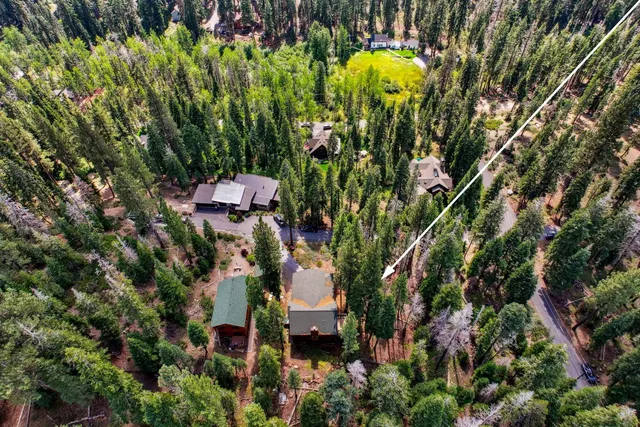 an aerial view of a house with a garden and trees