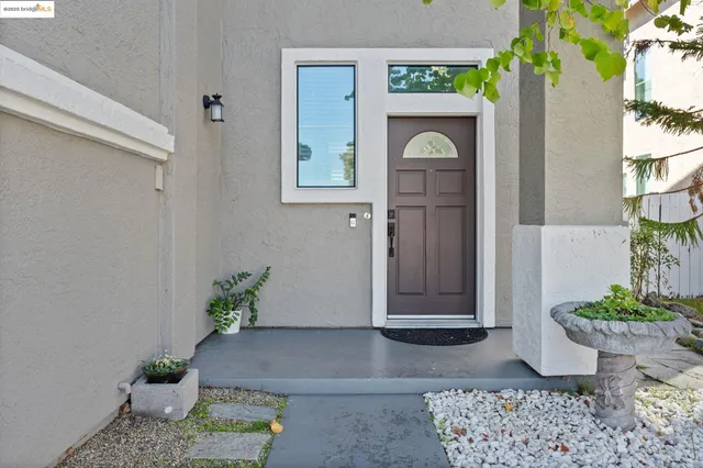 a front view of a house with a potted plant
