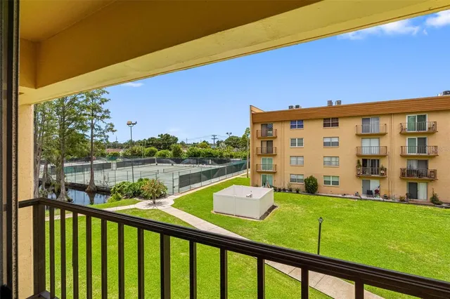 a view of a building from a balcony