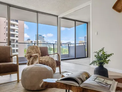 a living room with furniture and a potted plant
