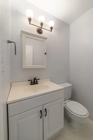a bathroom with a sink a toilet and mirror