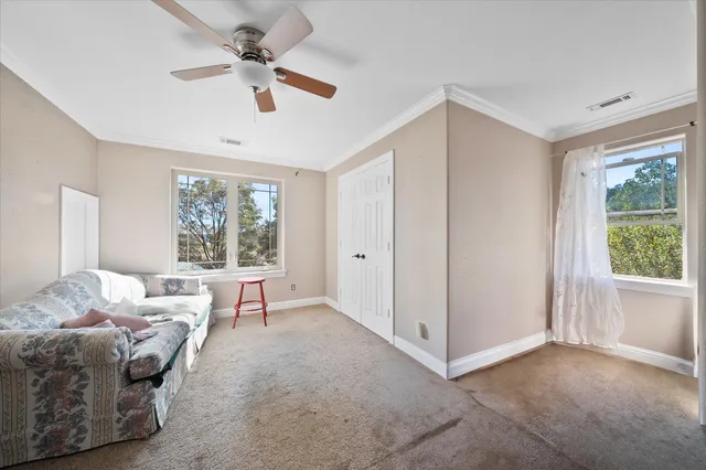 a bed room with a bed and a ceiling fan